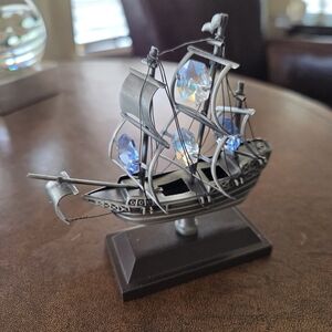 Crystal Traditions Pewter Looking Ship With Swarovski Crystals On A Wood Base